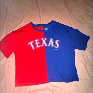 Majestic Texas Rangers colorblock crop tee with “TEXAS” front graphic. Size M.